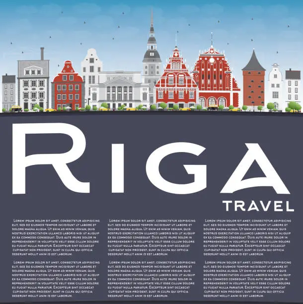 Vector illustration of Riga Skyline with Landmarks, Blue Sky and Copy Space.