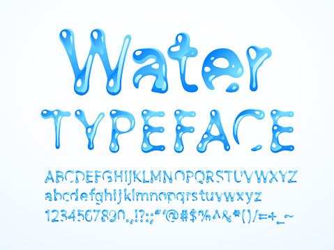 Vector water typeface. Letters A-Z, a-z, numbers and symbols. Eps8. RGB. Global colors