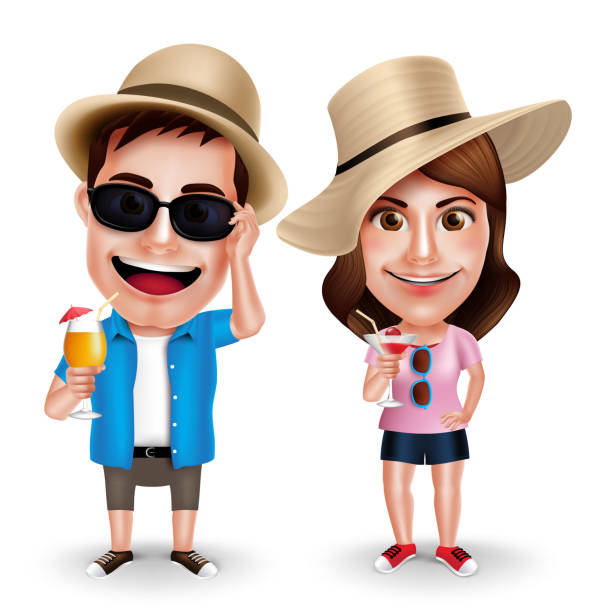 Summer Vacation Vector Characters of Couples Drinking Juices Summer Vacation Vector Characters of Couples Drinking Juices Wearing Casual Isolated in White Background. Vector Characters Set caricature stock illustrations