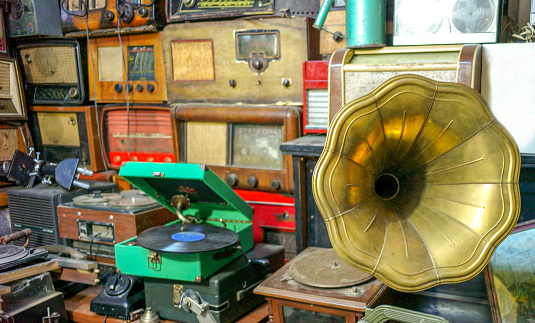 ankara, turkey - October 6, 2013: old record player and radios are dsplayed for sale at flea market in ulus turkey