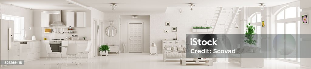 白いアパートパノラマインテリアの 3 D 完成予想図 - 居間のロイヤリティフリーストックフォト