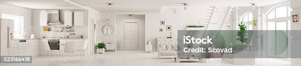 白いアパートパノラマインテリアの 3 D 完成予想図 - 居間のストックフォトや画像を多数ご用意 - 居間, 白色, キッチン
