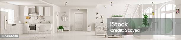 Interior Of White Apartment Panorama 3d Rendering Stock Photo - Download Image Now - Living Room, White Color, Kitchen