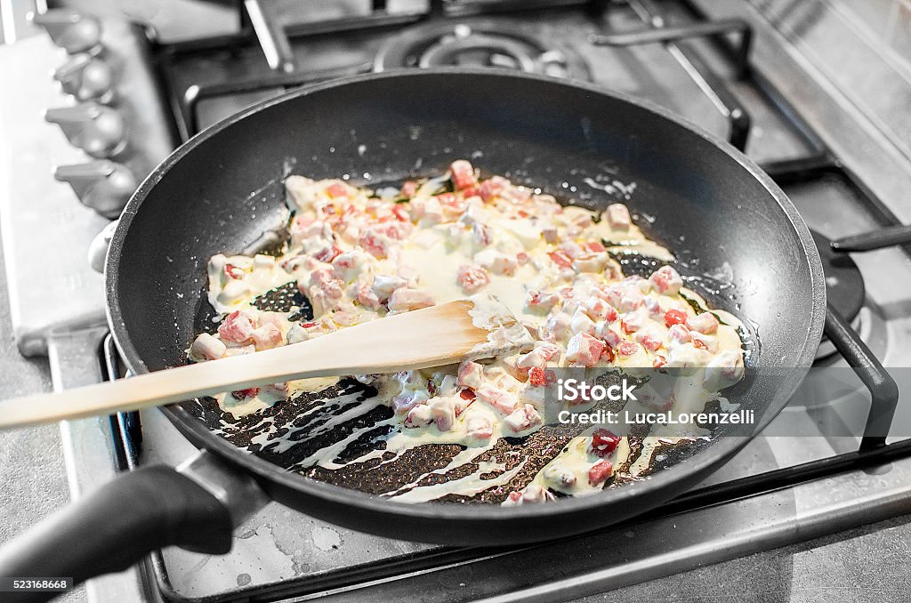 cooking cream bacon cubes chopped pan Bacon Stock Photo