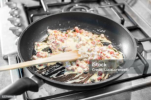Cooking Cream Bacon Cubes Chopped Pan Stock Photo - Download Image Now - Bacon, Black And White, Breakfast