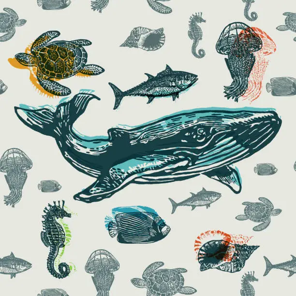 Vector illustration of Sea animals colorful seamless vector pattern.