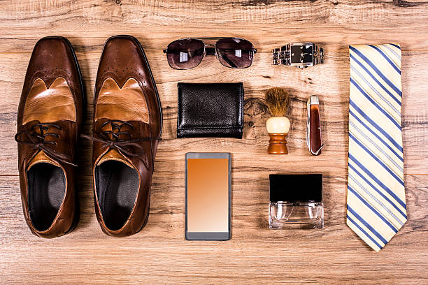 istock Men's accessories organized on table.  No people.  Knolling. 523170090