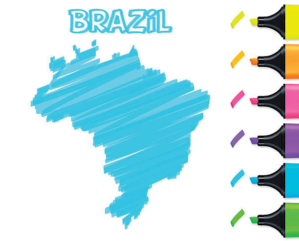 ilustrações, clipart, desenhos animados e ícones de brasil mapa desenhado à mão sobre fundo branco, azul marcador - inks on paper design ink empty