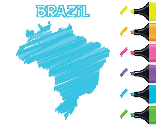Vector illustration of Brazil map hand drawn on white background, blue highlighter