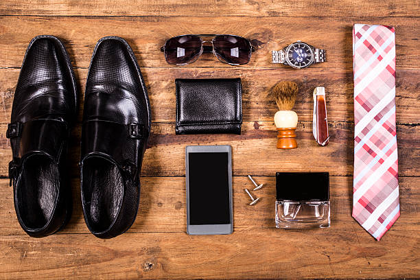 istock Men's accessories organized on table.  No people.  Knolling. 523176690