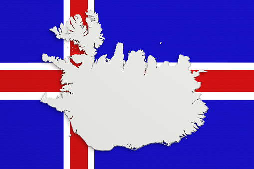 3d rendering of Iceland map and flag on background.