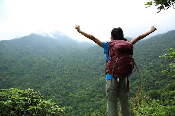 istock cheering woman hiker enjoy the view on mountain peak 523178100