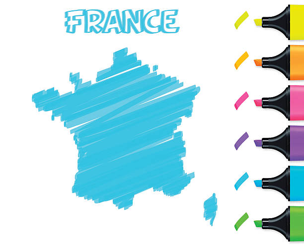 ilustraciones, imágenes clip art, dibujos animados e iconos de stock de mapa de francia dibujado a mano sobre un fondo blanco, azul marcador - felt white paper textile