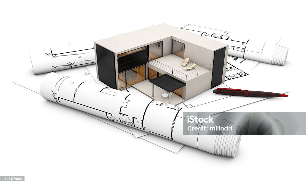 plan project concept plan project concept: concrete house over plots isolated on white background Architect Stock Photo