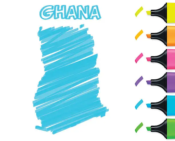 Vector illustration of Ghana map hand drawn on white background, blue highlighter