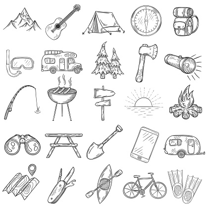 Set of hand drawn camping icons. Vector illustration.