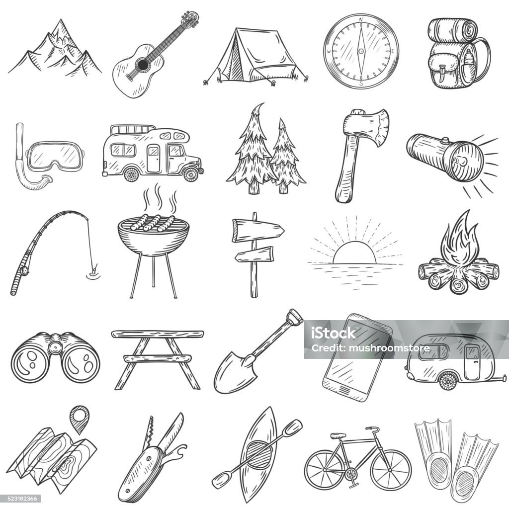 Set of hand drawn camping icons. Set of hand drawn camping icons. Vector illustration. Drawing - Activity stock vector