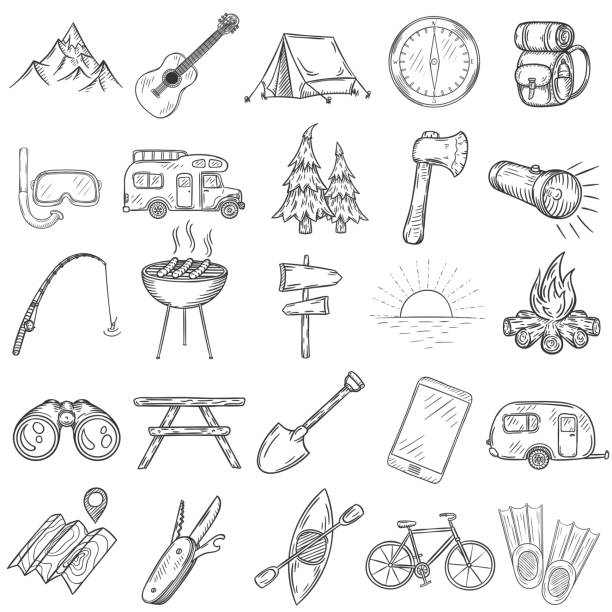 Set of hand drawn camping icons. Set of hand drawn camping icons. Vector illustration. outdoors illustrations stock illustrations