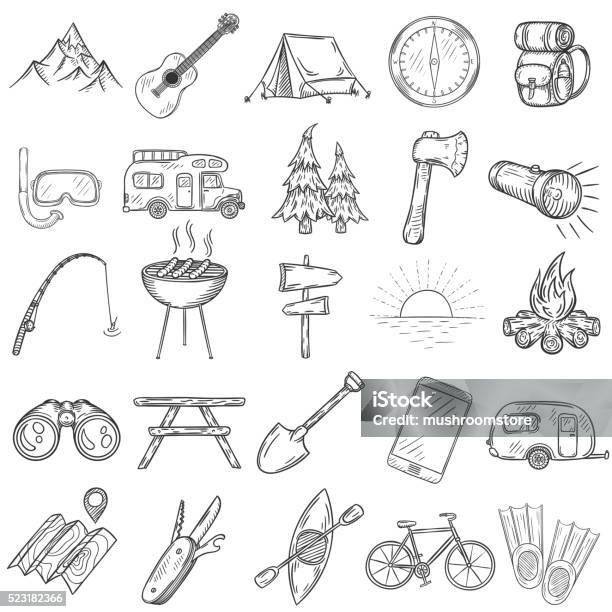 Set Of Hand Drawn Camping Icons Stock Illustration - Download Image Now - Drawing - Activity, Camping, Drawing - Art Product