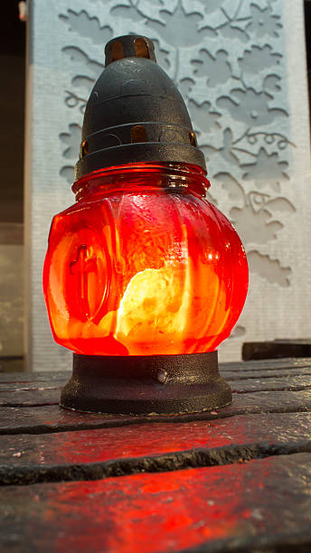 istock Burning oil lamp on burlap. Vintage concept 523182380