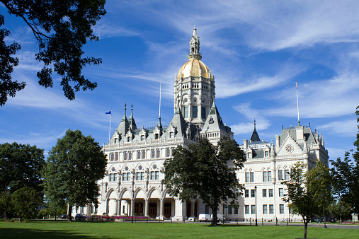 Connecticut state capitol and surrounding lawn which is located in Hartford, CT, USA.