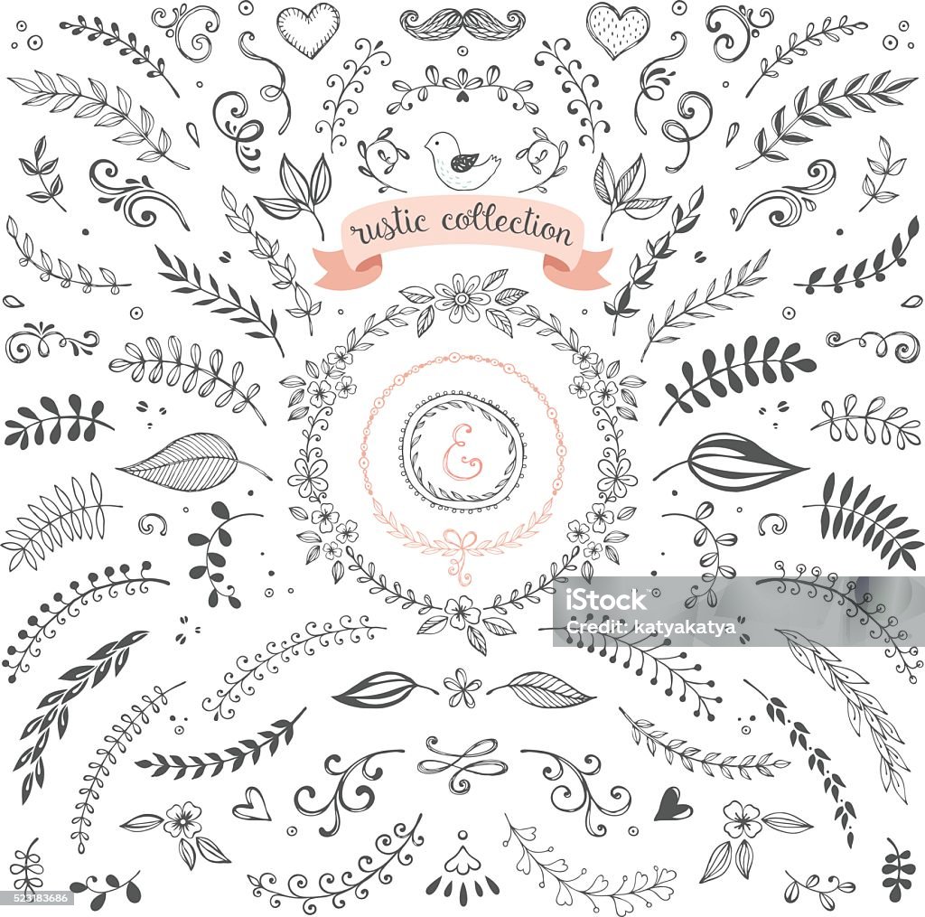 Rustic Design Collection Rustic hand sketched elements. Floral doodles, laurels, graphic elements, banners and frames for use in your logos, branding and design projects. Good for greeting cards, wedding invitations and scrapbook. Vector illustration. Floral Pattern stock vector