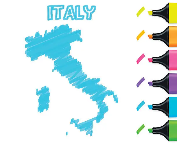 Vector illustration of Italy map hand drawn on white background, blue highlighter