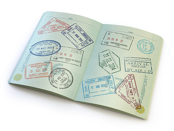 istock Opened passport with visa stamps in the  pages 523185028