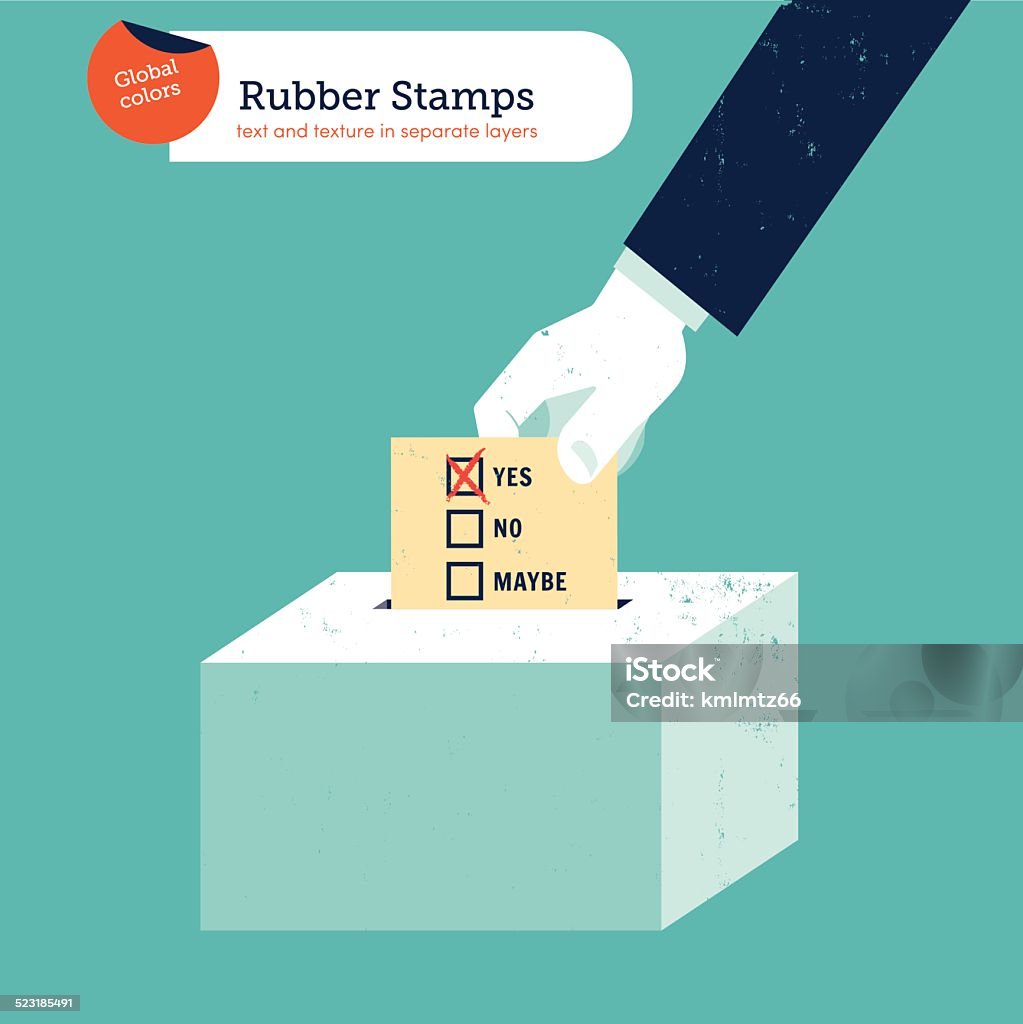 Hand putting a yes voting ballot in a box Hand of a businessman putting a yes voting ballot in a slot ballot box. Voting Ballot stock vector