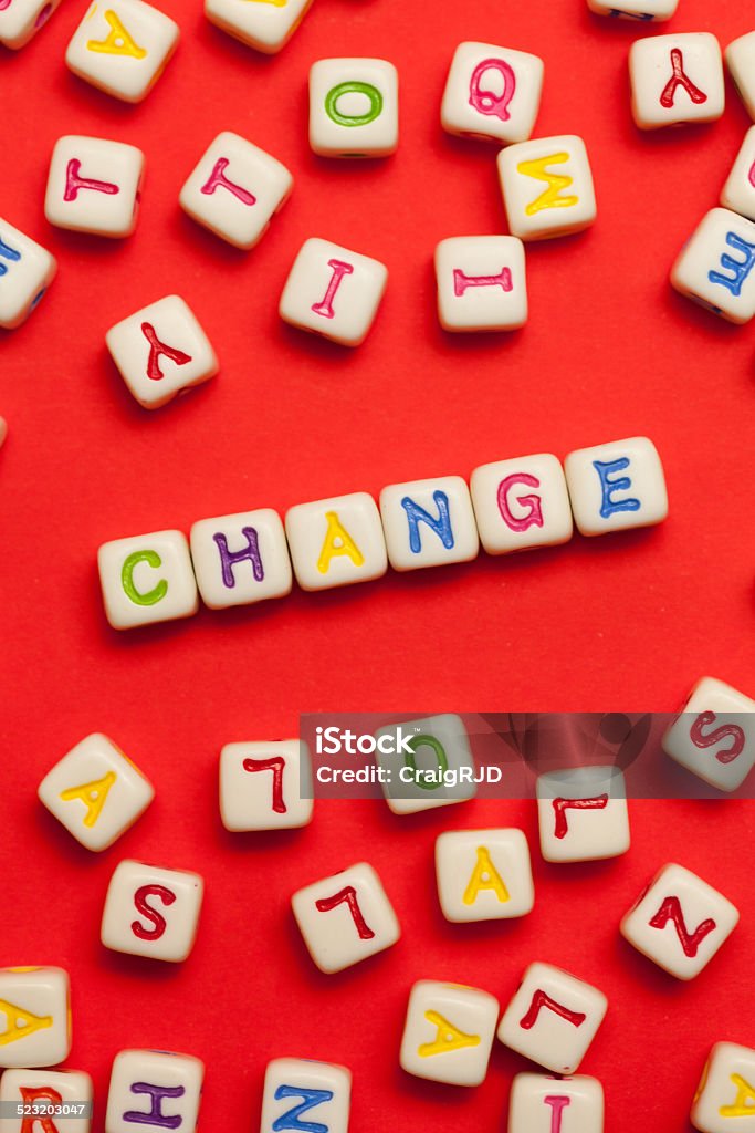 Change CHANGE spelled in letters on a red background. Vertical. Alphabet Stock Photo