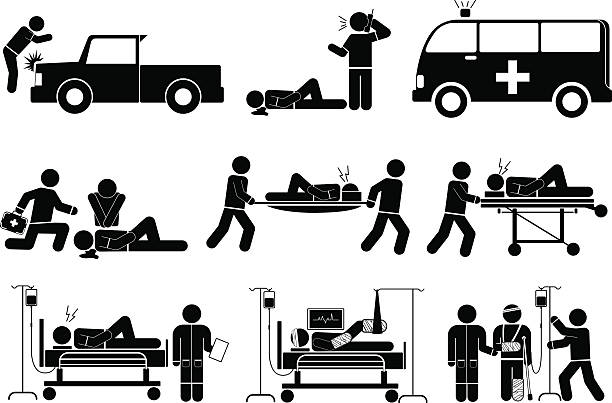Accident Assisting the injured icon set. stretcher stock illustrations