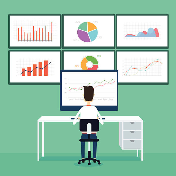 ilustrações, clipart, desenhos animados e ícones de pessoas de negócios, análise de gráfico de negócios na web e seo - scrutiny analyzing finance data