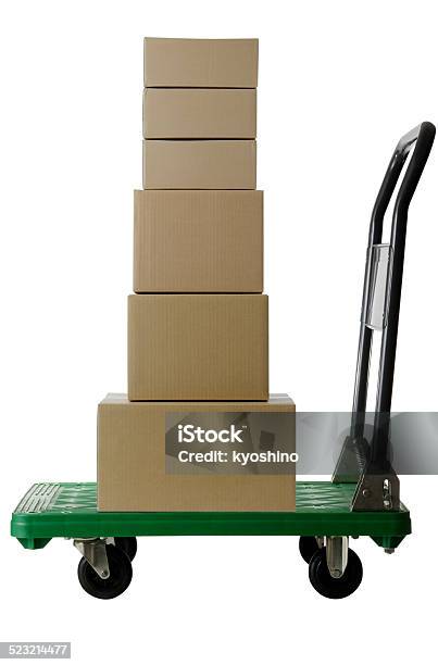 スタックド段ボール箱に Handtruck に白背景 - 段ボール箱のストックフォトや画像を多数ご用意 - 段ボール箱, 横からの視点, いっぱいになる