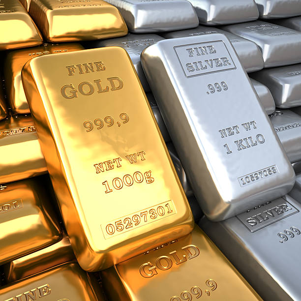 silver barren und golddetail. finanzen illustrationen - gold coin ingot bullion stock-fotos und bilder