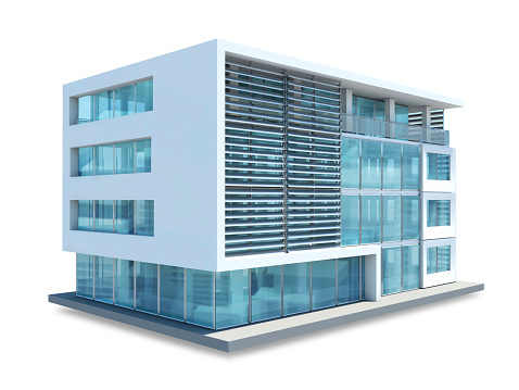 Small company office building, with white walls, glass facade and steel sun shading elements, isolated on white background with clipping path.