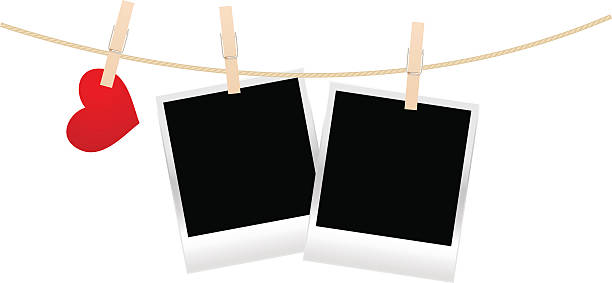 clothespins with photos and hearts Vintage photos frame on the clothespin with hearts. Vector illustration. photos hanging string stock illustrations