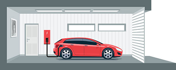 elektroauto aufladen wie zu hause in der garage - halbwände stock-grafiken, -clipart, -cartoons und -symbole