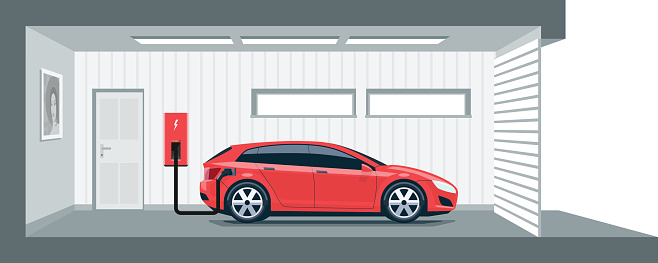 Flat vector illustration of a red electric car charging at the charger station point inside home garage. Integrated smart domestic electromobility e-motion concept.
