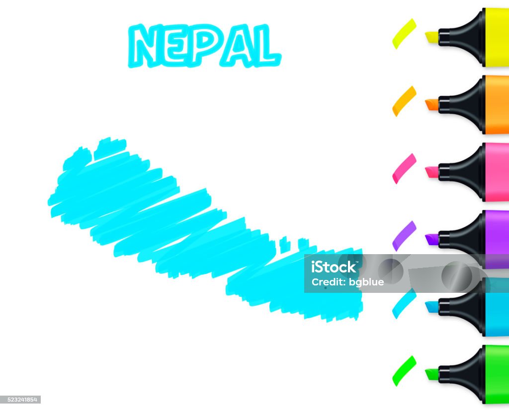 Nepal map hand drawn on white background, blue highlighter Map of Nepal drawn with blue highlighter, isolated on a blank background. Easily change color : yellow, orange, pink, purple, blue, green. Asia stock vector