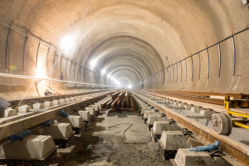 The railroad of the subway during the final steps of the tunnel construction.