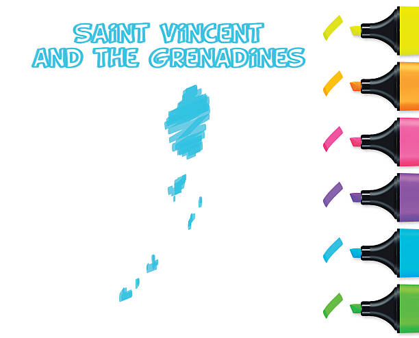 Saint Vincent and Grenadines map drawn, white background, blue highlighter Map of Saint Vincent and the Grenadines drawn with blue highlighter, isolated on a blank background. Easily change color : yellow, orange, pink, purple, blue, green. tobago cays stock illustrations