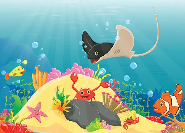 Vector illustration of illustration of Underwater world with reefs and tropical fishes