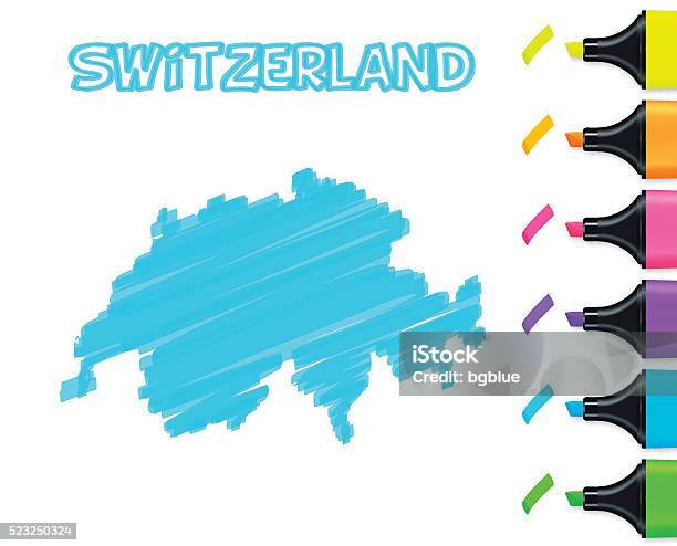 Switzerland Map Hand Drawn On White Background Blue Highlighter Stock Illustration - Download Image Now