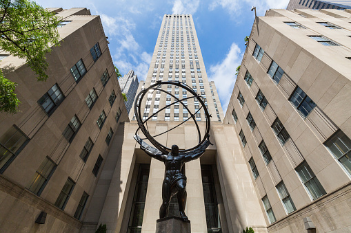 New York, USA - August 23, 2015: Exterior views of to the Rockefeller center in Midtown Manhattan at the 5th Av on August 23, 2015. Rockefeller Center is a complex of 19 commercial buildings covering 22 acres.