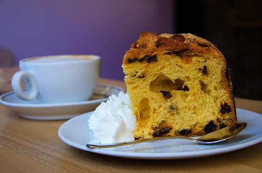 Panettone, Traditional Italian cake  with cup of  coffee