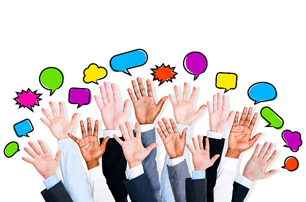 istock Business Arms Raised with Speech Bubble 523259433
