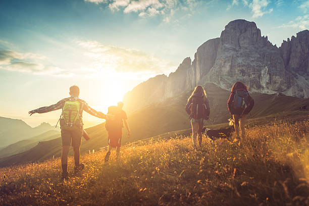 Adventures on the Dolomites with dog A group of teenage friends, together with a dog (border collie), adventures on the mountain, on the Italian Dolomites. alto adige italy stock pictures, royalty-free photos & images