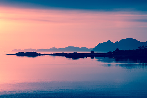 colorful ocean sunset at lofoten islands, Norway