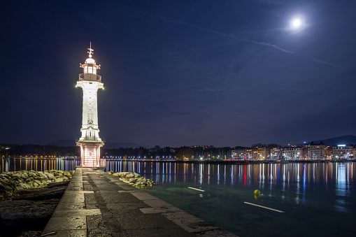 Geneva lighthouse at night