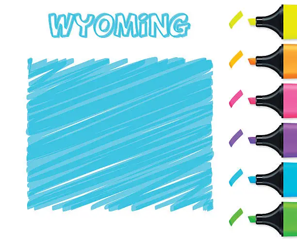 Vector illustration of Wyoming map hand drawn on white background, blue highlighter